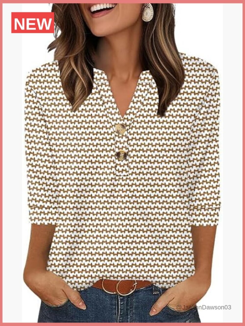 3/4 Sleeve V-Neck Button Henley Blouse Loose Fit Tunic T-Shirt